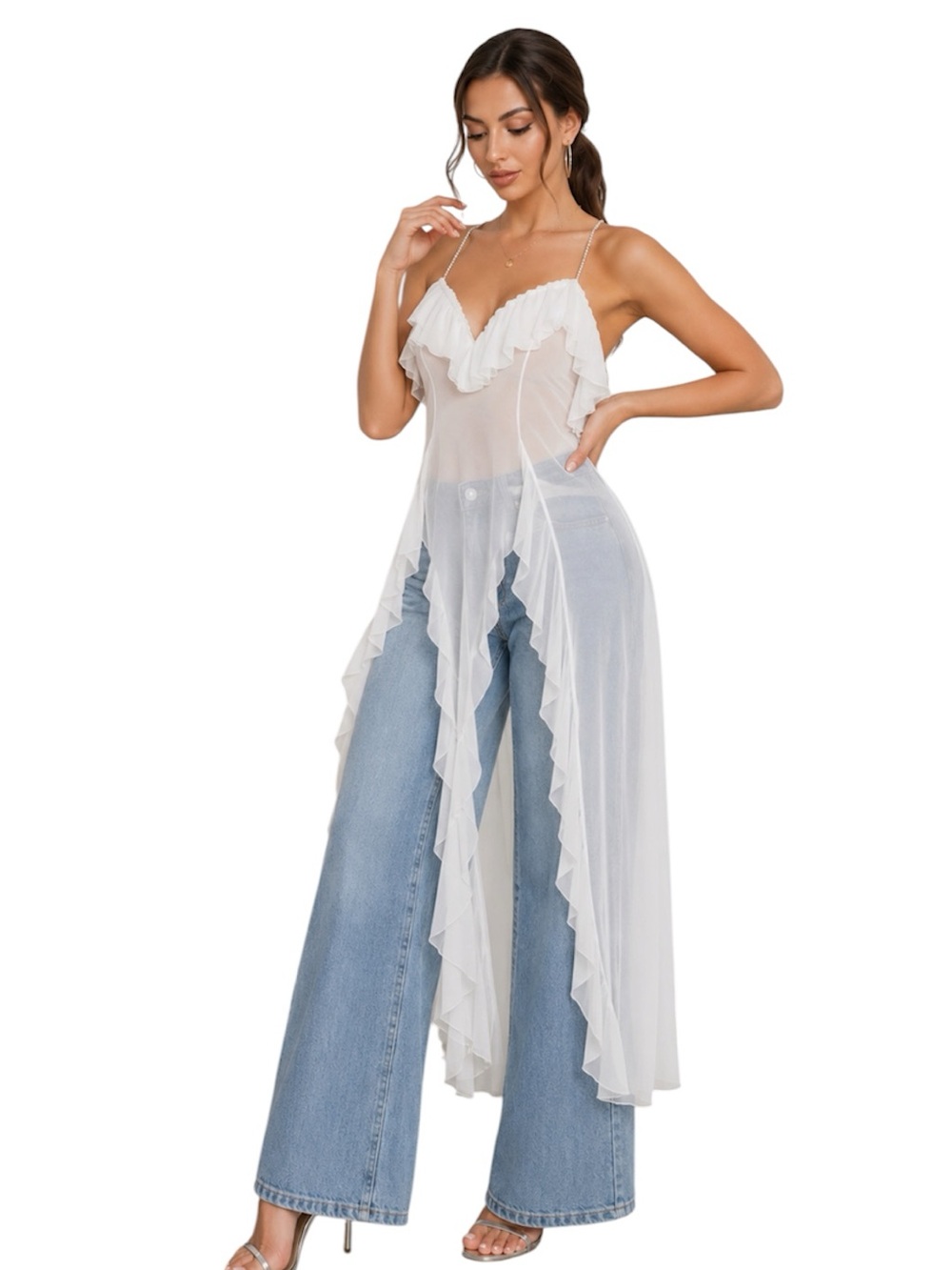 Sheer Ruffled Maxi Camisole Top Shirt Size: Medium